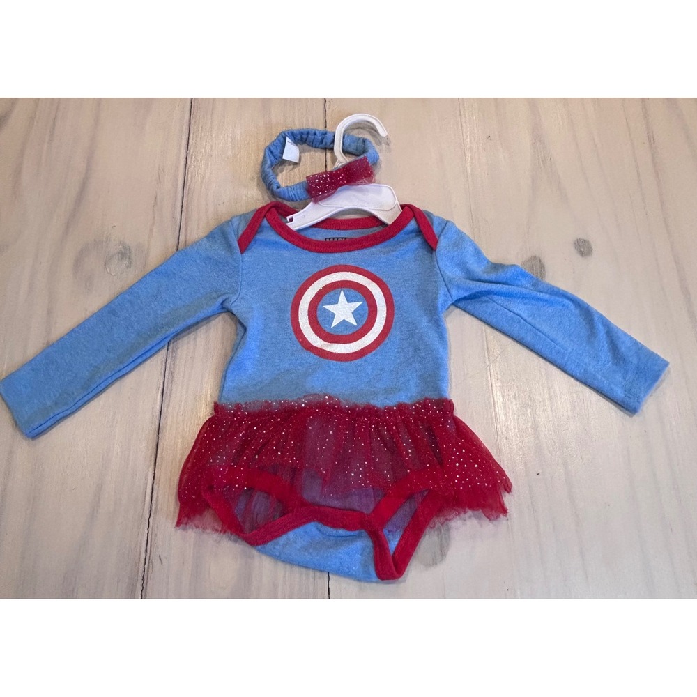 Marvel Captain America Baby Girl Tutu Bodysuit Headband Set 6-9M Blue Red